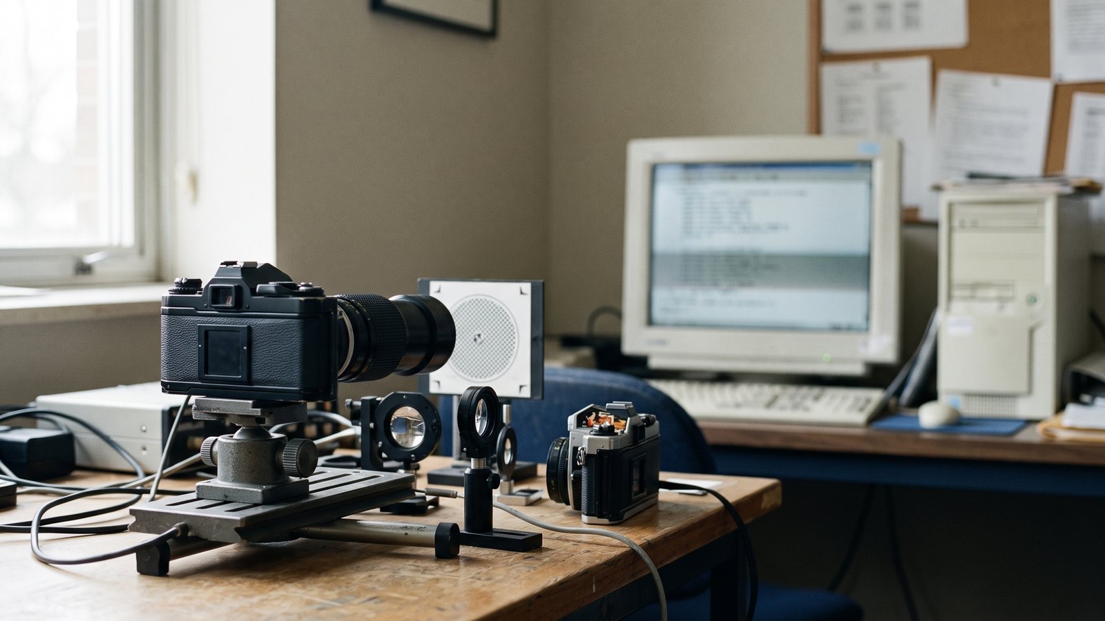 Documentary ANPR origins image showing camera optics and optical recognition research equipment