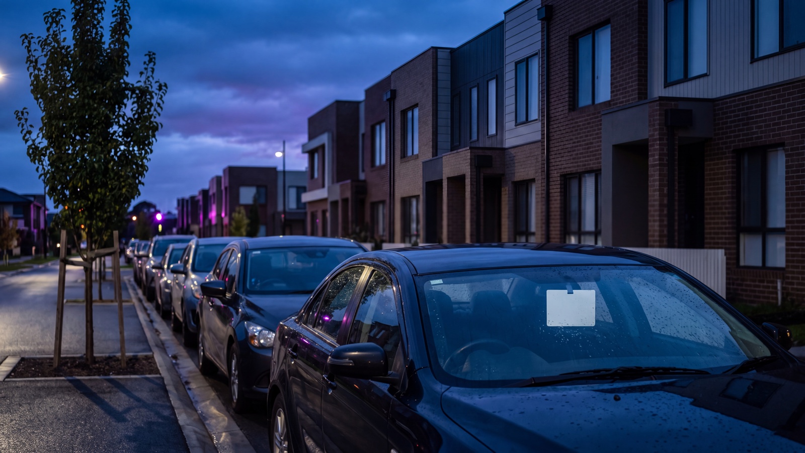 Generic outer-city residential permit street with closely parked vehicles, blank permit material and new townhouses at dusk.