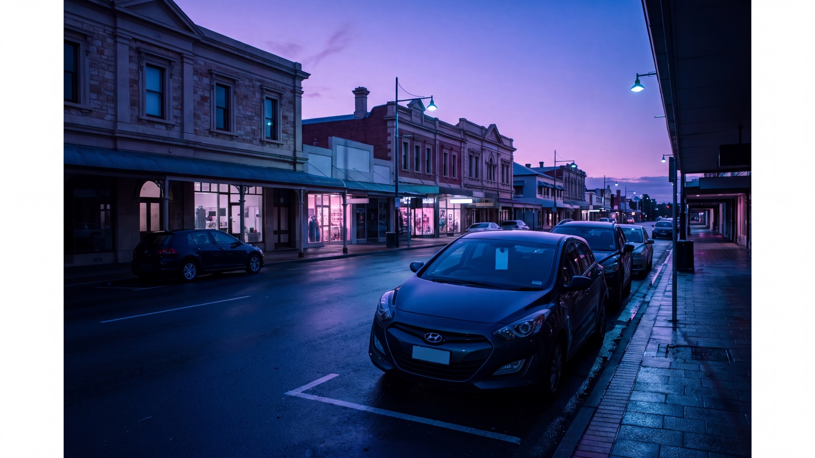 Generic historic regional main street and parked vehicles at early blue hour, with blank permit material