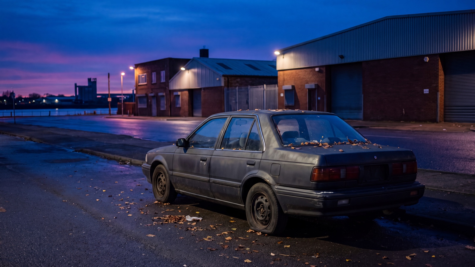 Weathered unbranded sedan on a generic post-industrial riverside street at blue hour, with anonymous warehouses and restrained purple reflections.