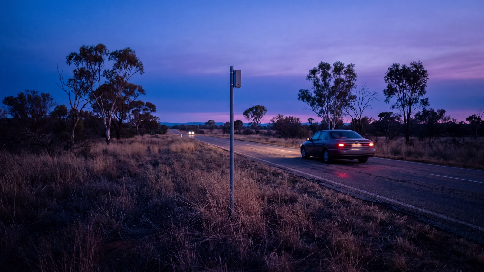 Generic remote inland arterial at twilight with an unbranded moving vehicle and a discreet anonymous traffic sensor, graded with deep navy
