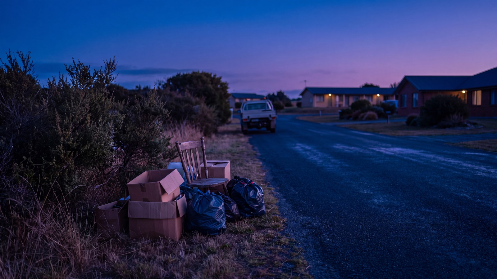 Small contained dumping scene on a generic tourism-region service-road verge at blue hour, with blank packaging and restrained cobalt and purple light.
