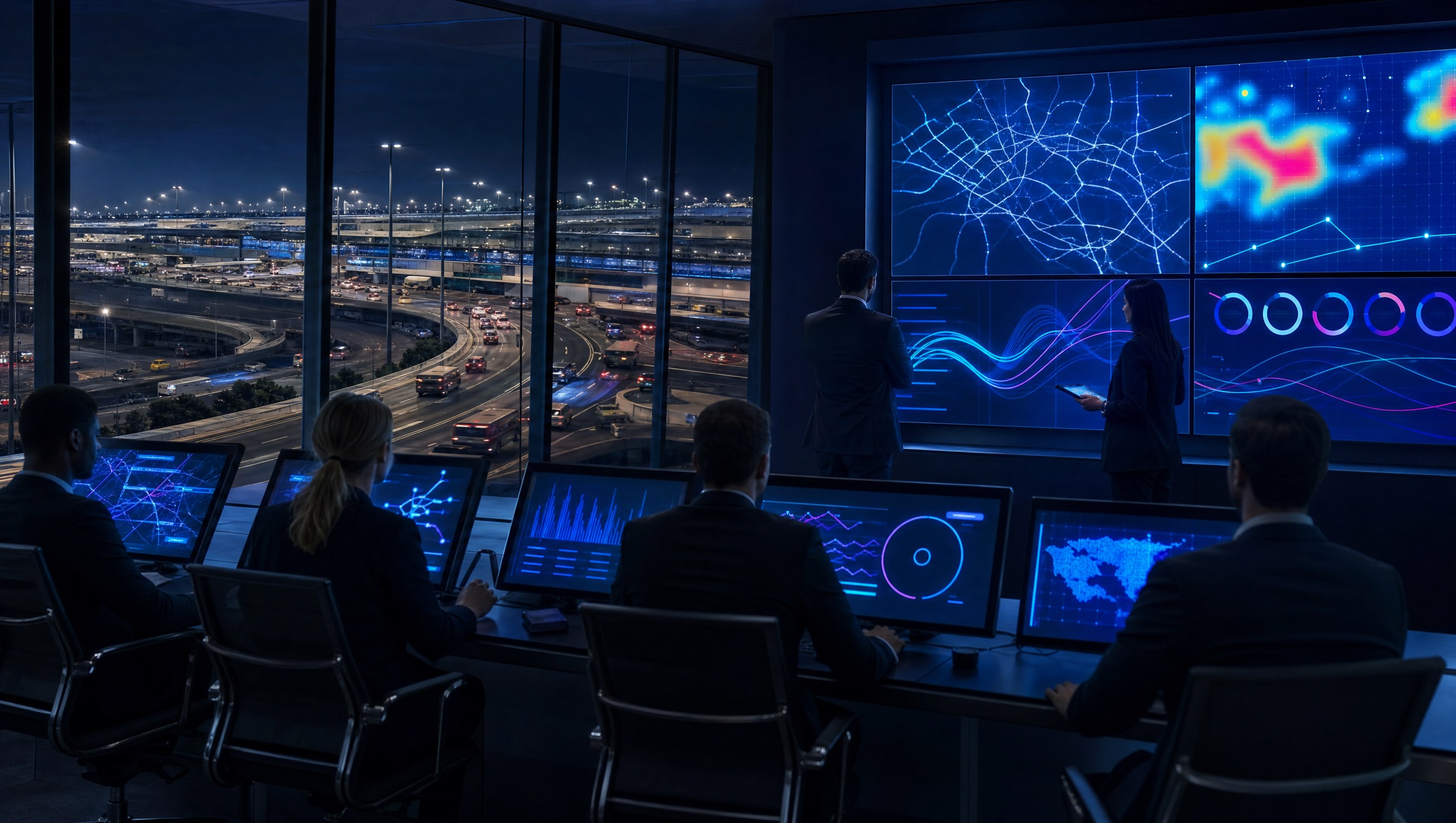 Operations analytics room with vehicle movement reporting screens in blue light