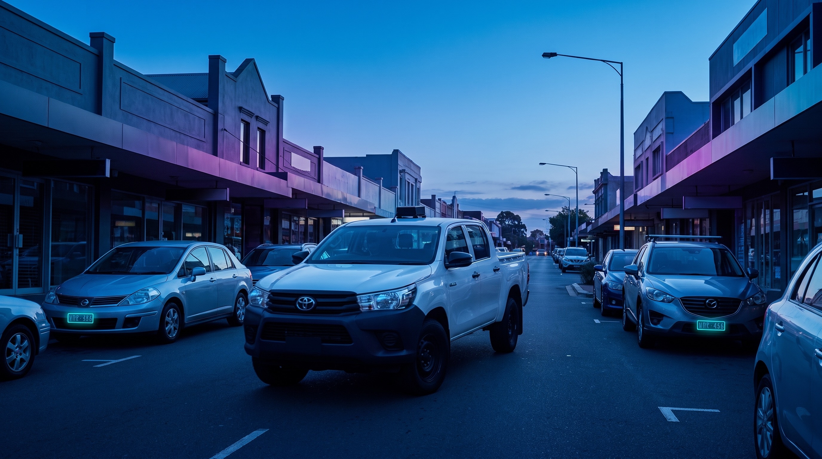 Council mobile patrol vehicle operating through a town centre at dusk