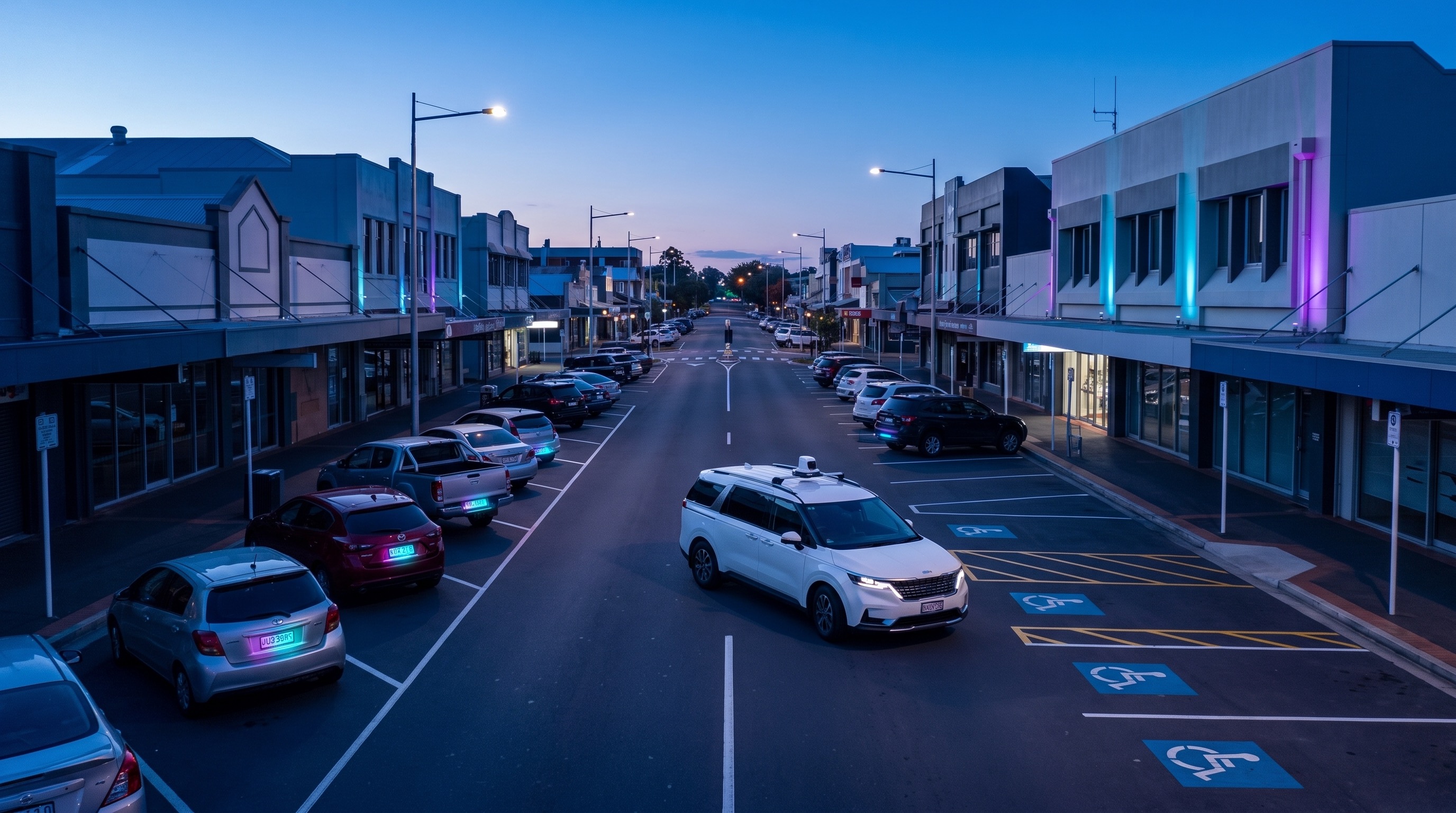 Council town centre parking operations at dusk with vehicles, kerbside zones and civic streetscape