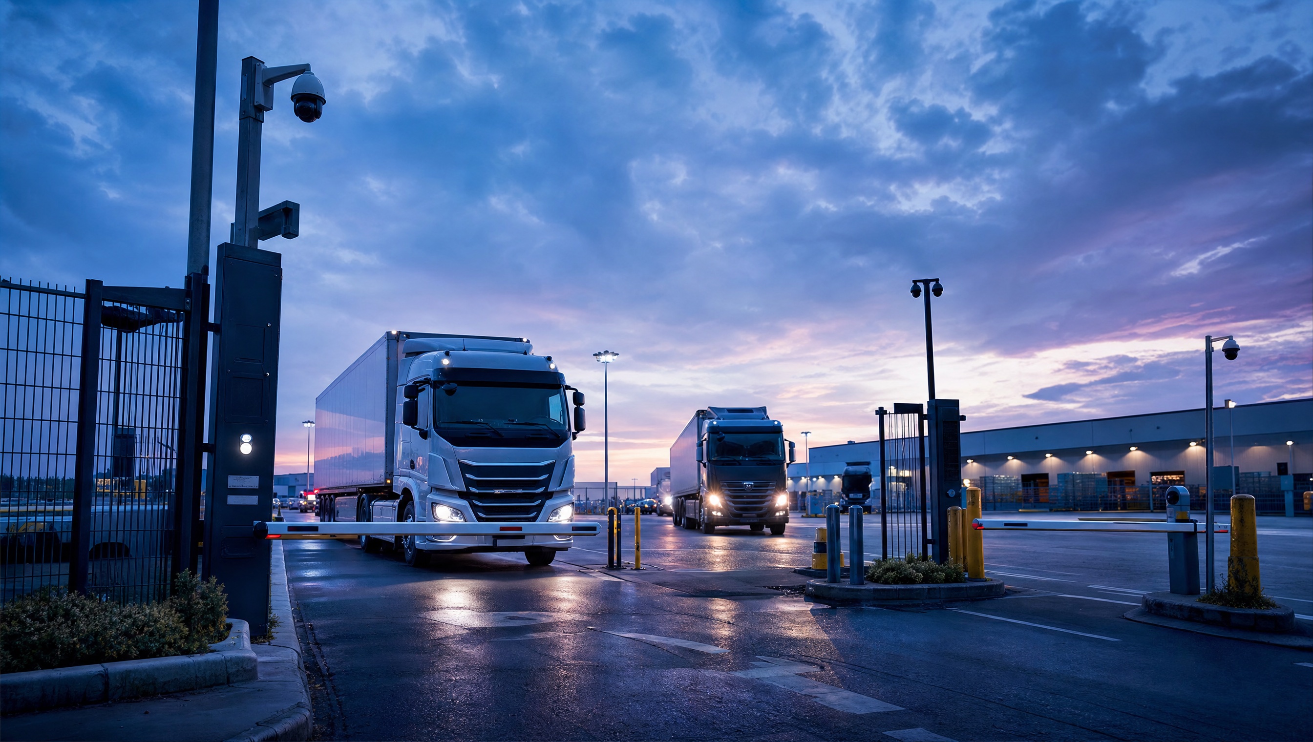 Secure freight depot gate with trucks entering through access lanes at dusk
