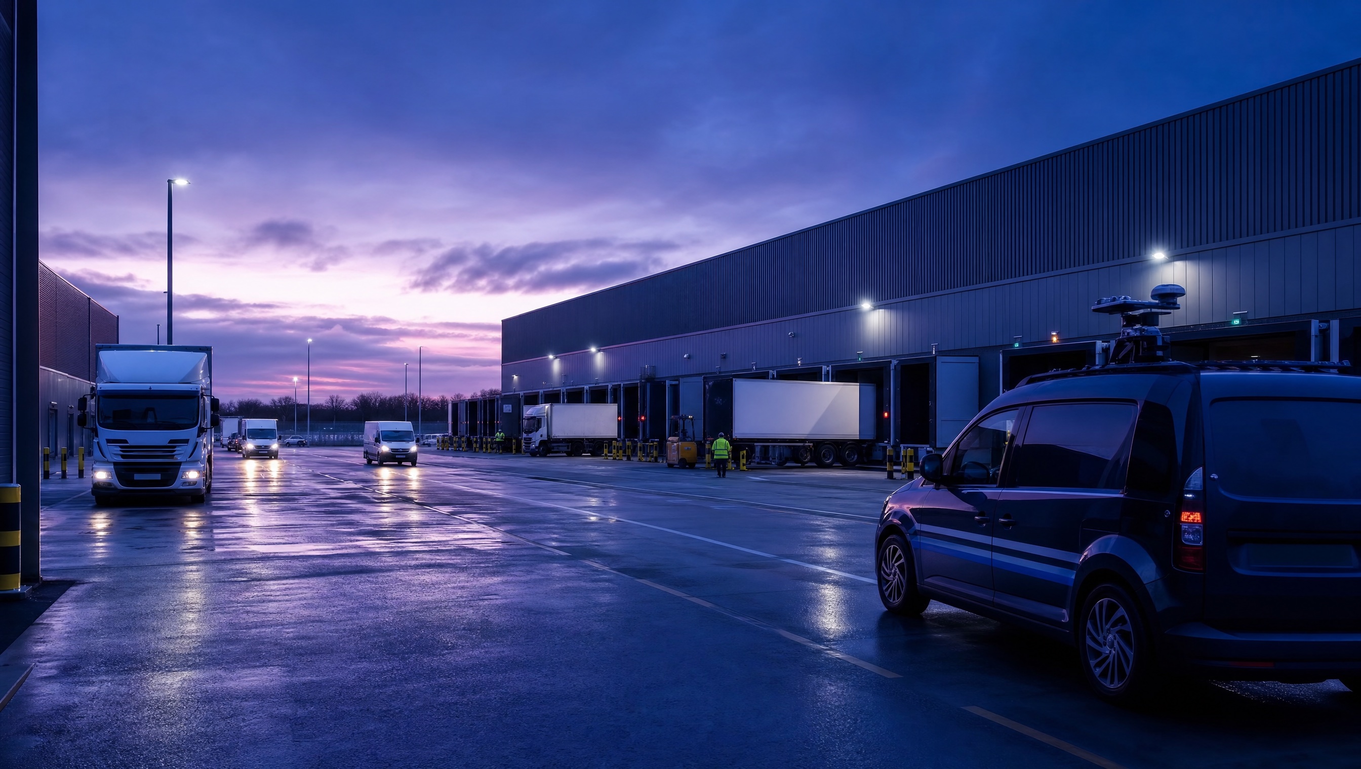 Distribution centre yard with trucks, loading bays and patrol vehicle at blue dusk
