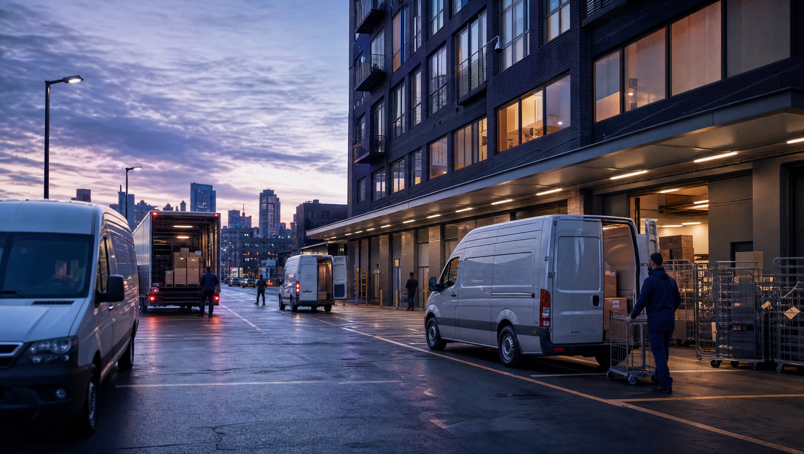 Urban loading zone with delivery vans, trucks and freight activity at dusk