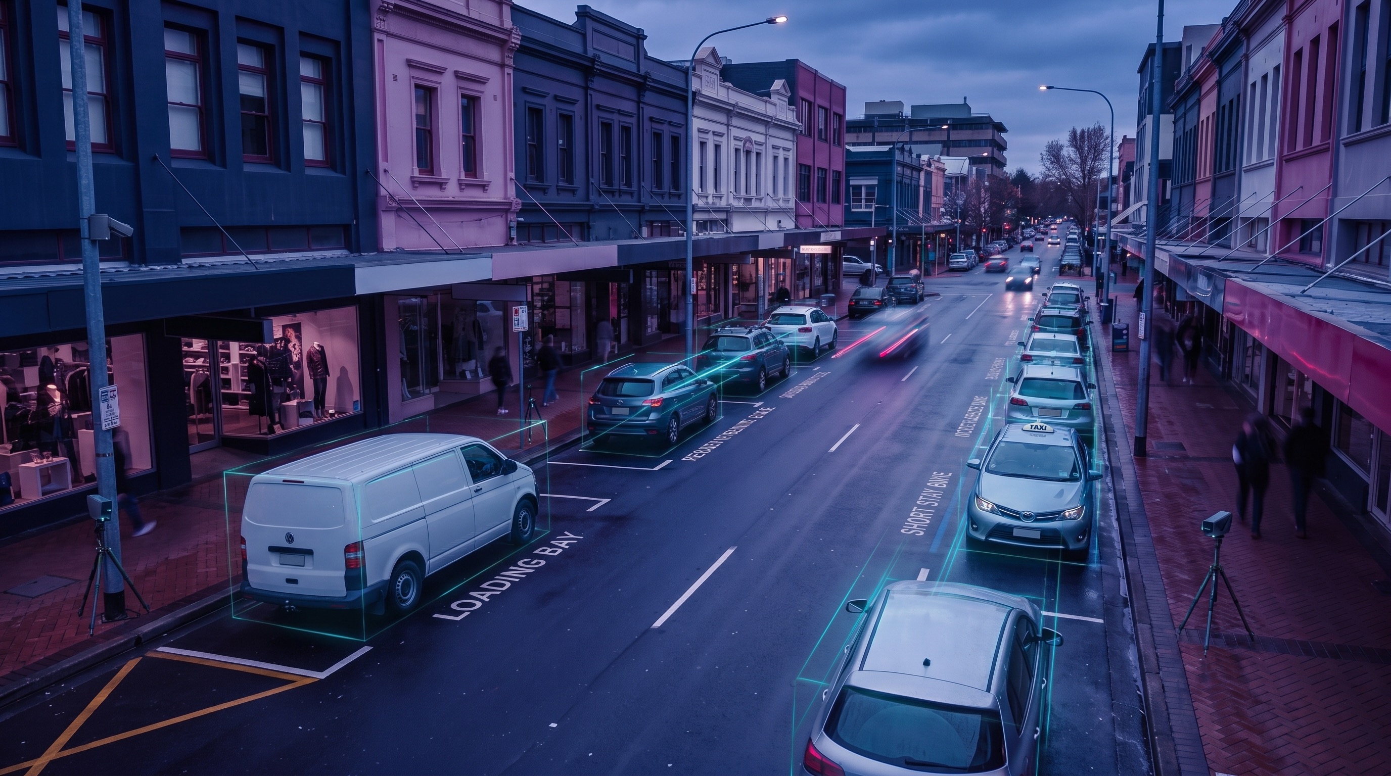 Kerbside activity survey scene with vehicles using loading and short-stay space