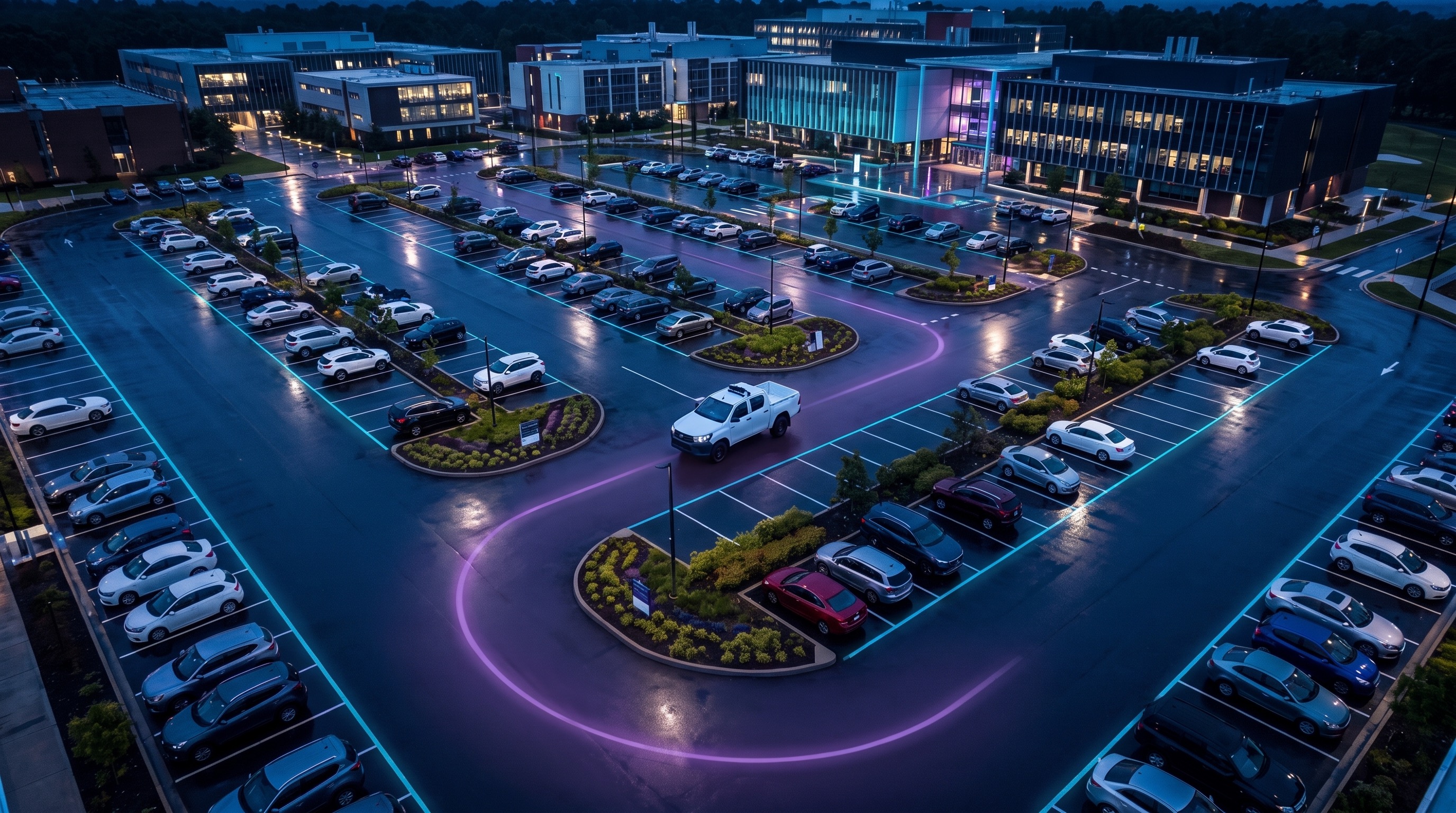 Blue and purple parking occupancy survey scene across marked street parking bays
