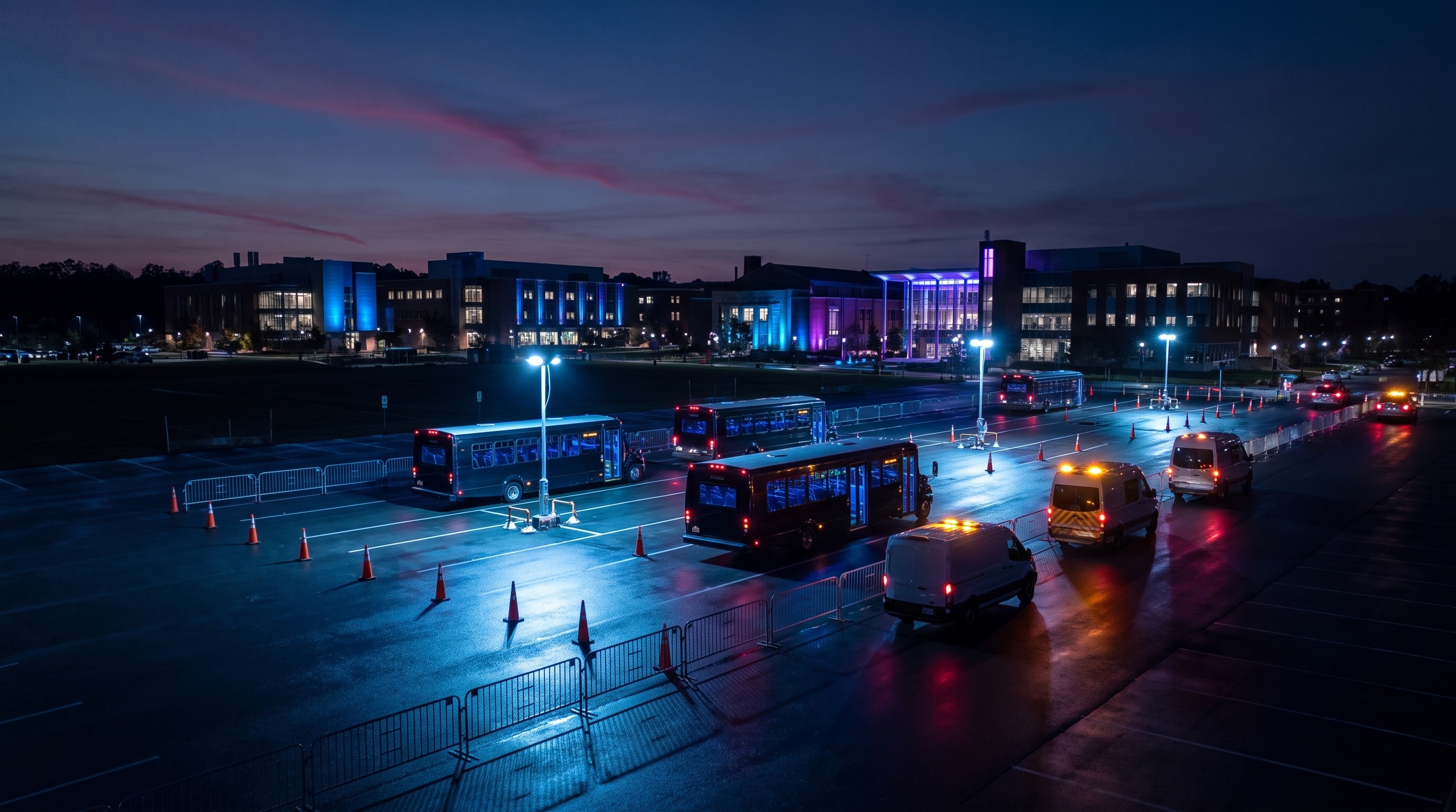 University event parking operations with cones, temporary staging and campus buildings