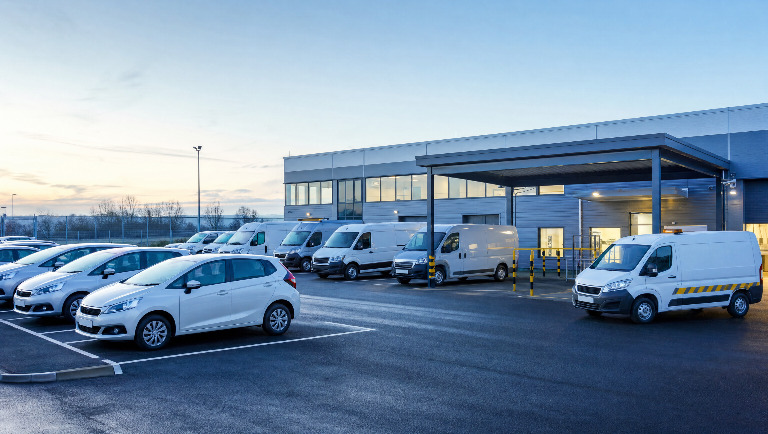 Ordinary cars and panel vans in marked bays at a managed vehicle-hire depot