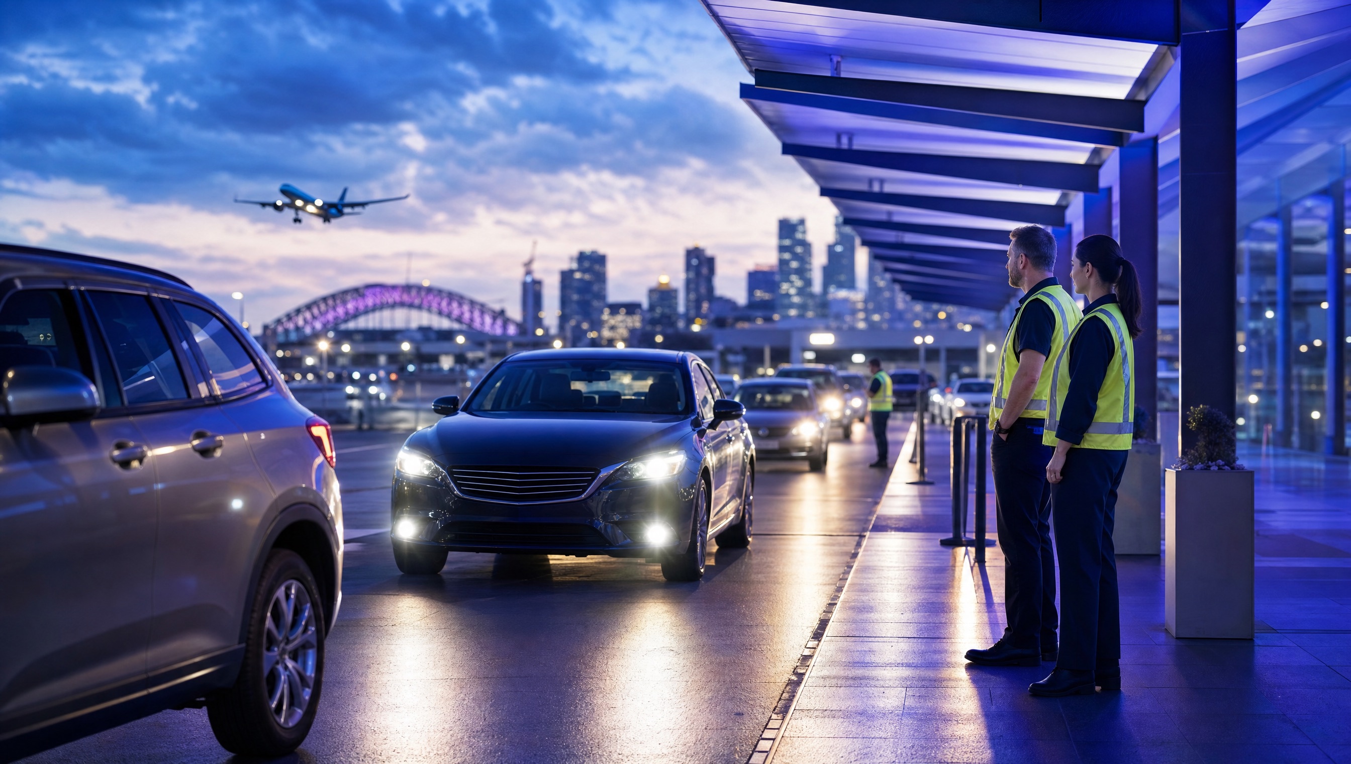 Passenger vehicle pickup zone with compliance officers under blue and purple evening light