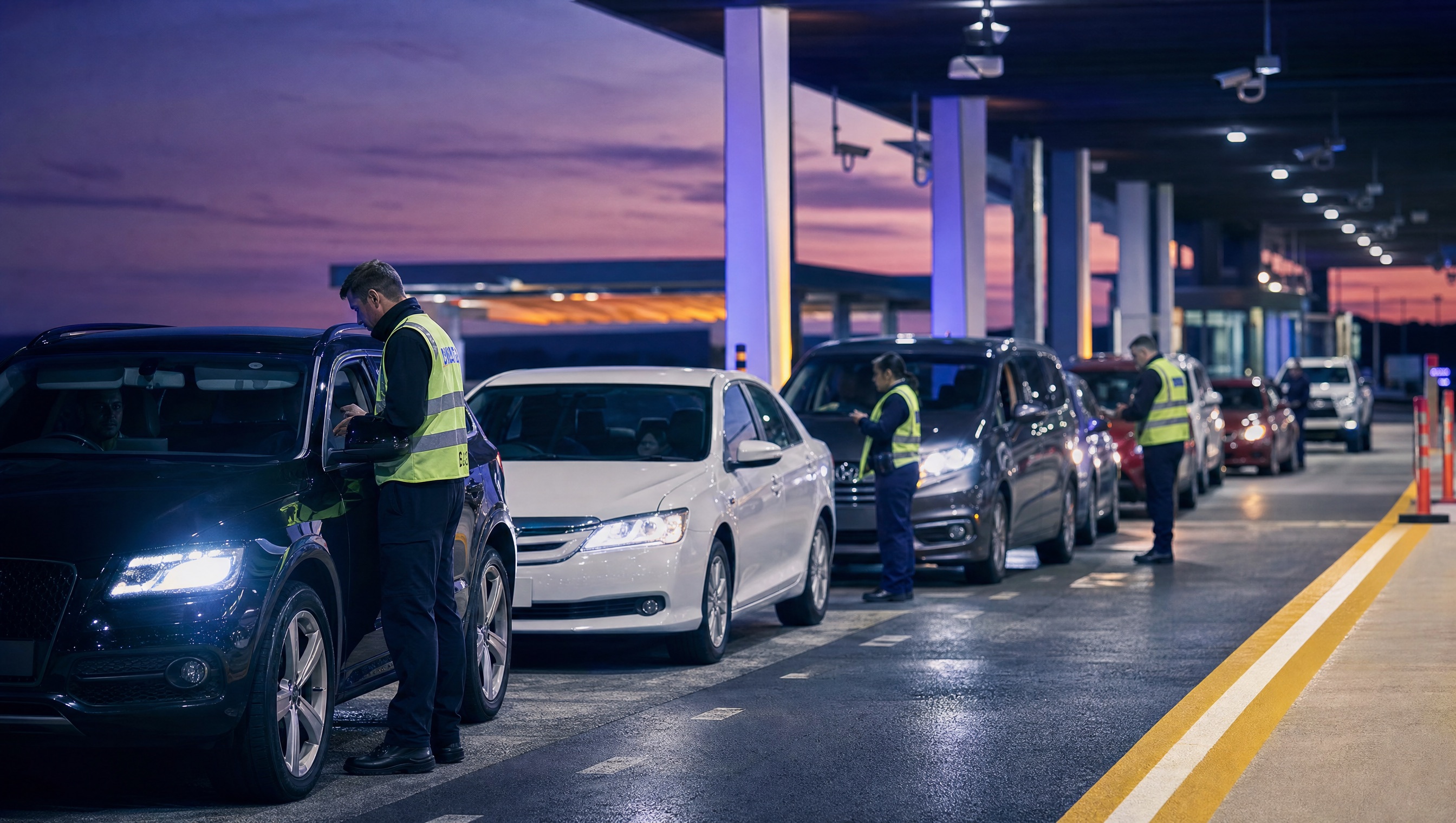 Compliance officers checking passenger vehicles in a rideshare pickup lane at dusk