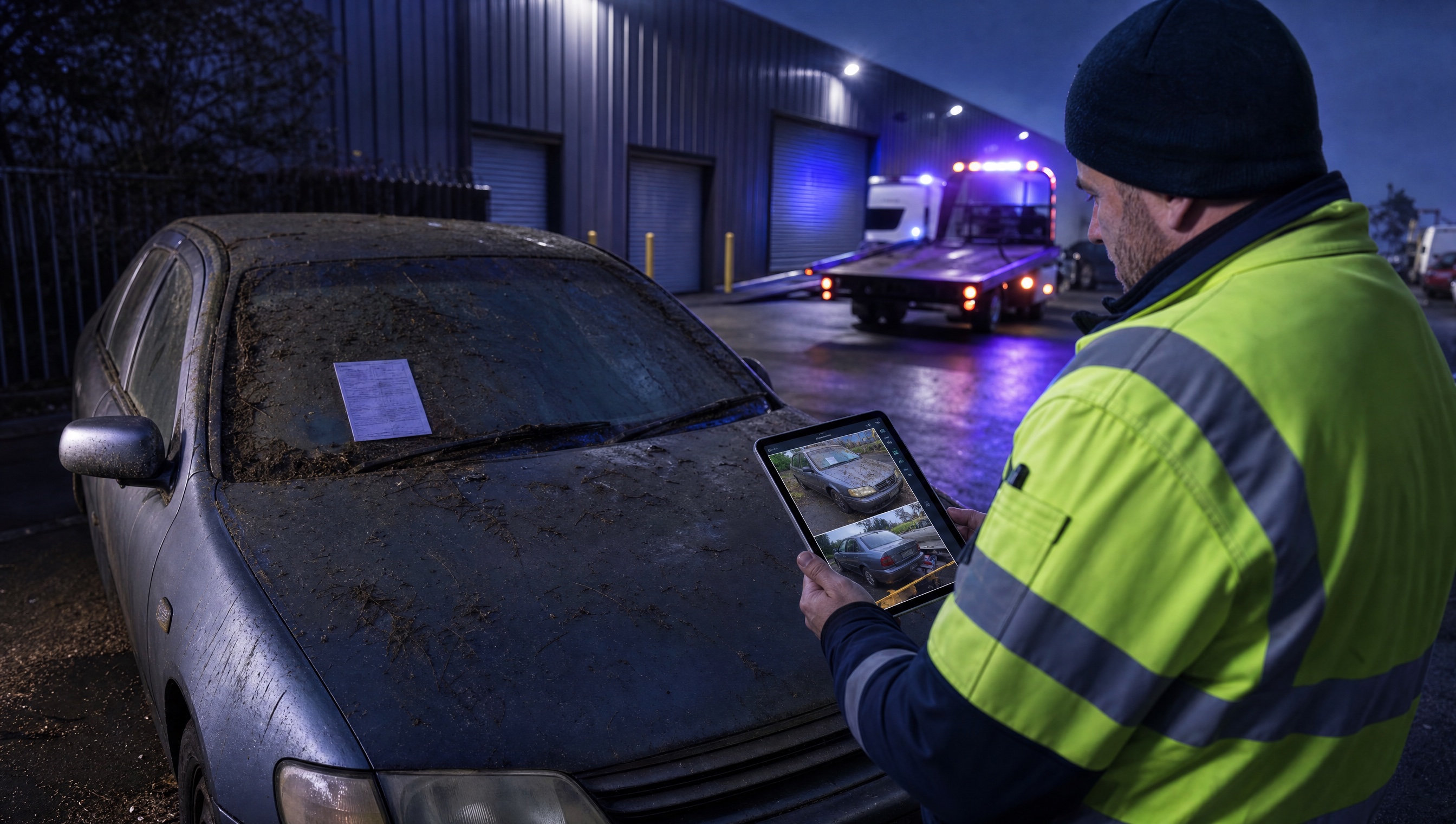 Vehicle inspection depot scene with ranger evidence review and abandoned vehicle workflow context