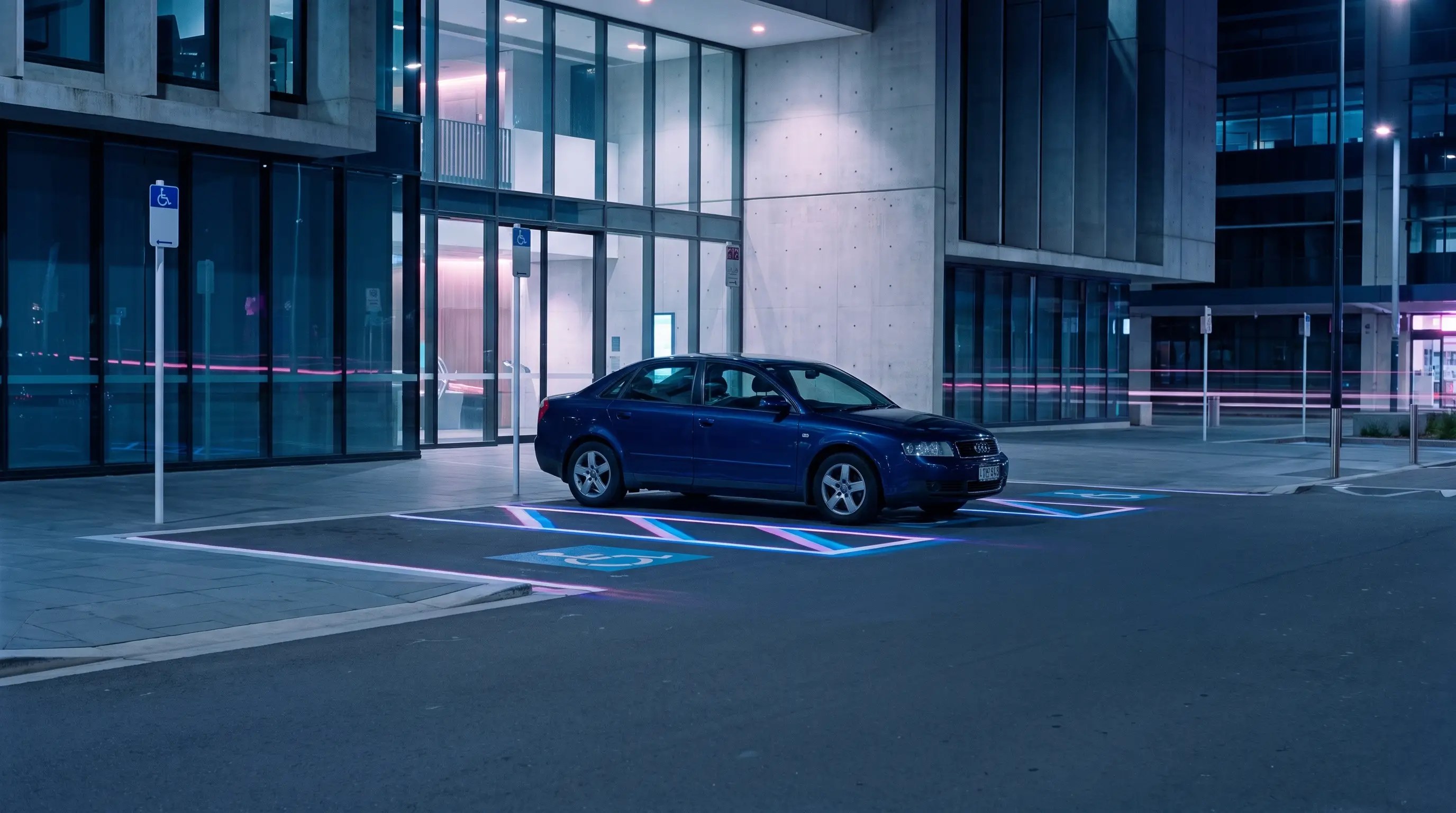 Accessible parking bays outside a civic building with blue-purple permit review overlays