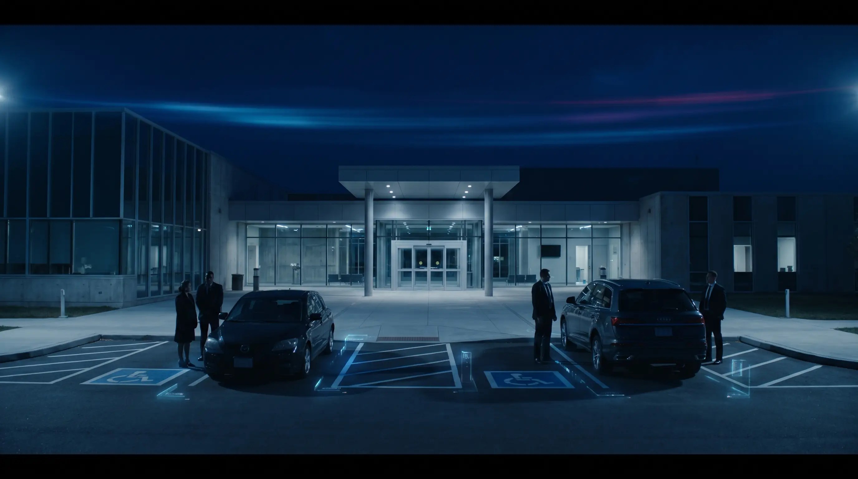 Accessible parking compliance scene with bay markings, evidence markers and calm blue-purple lighting
