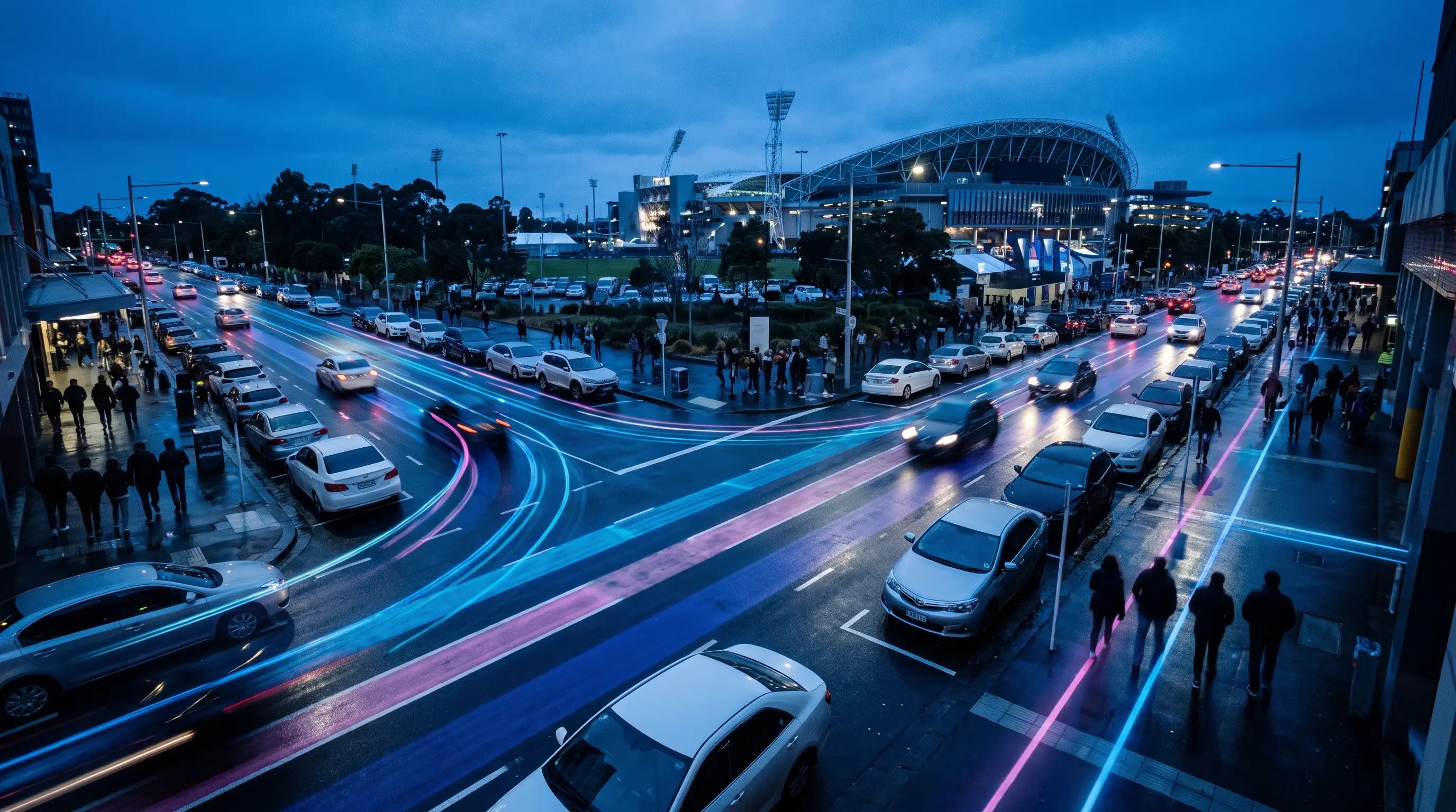 Event precinct at twilight with temporary parking demand and blue-purple zone overlays
