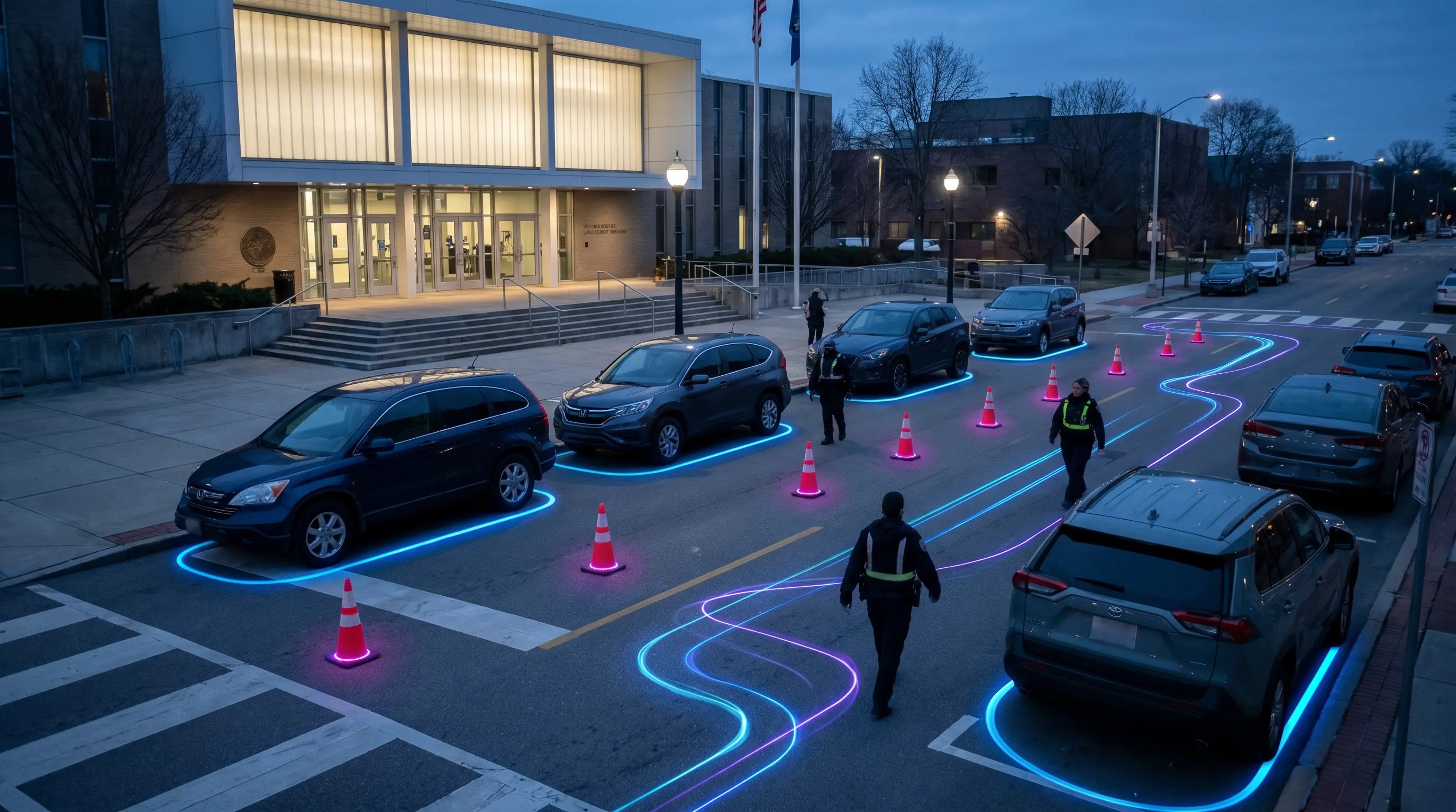 Event-day street operations scene with temporary parking zones and patrol route overlays