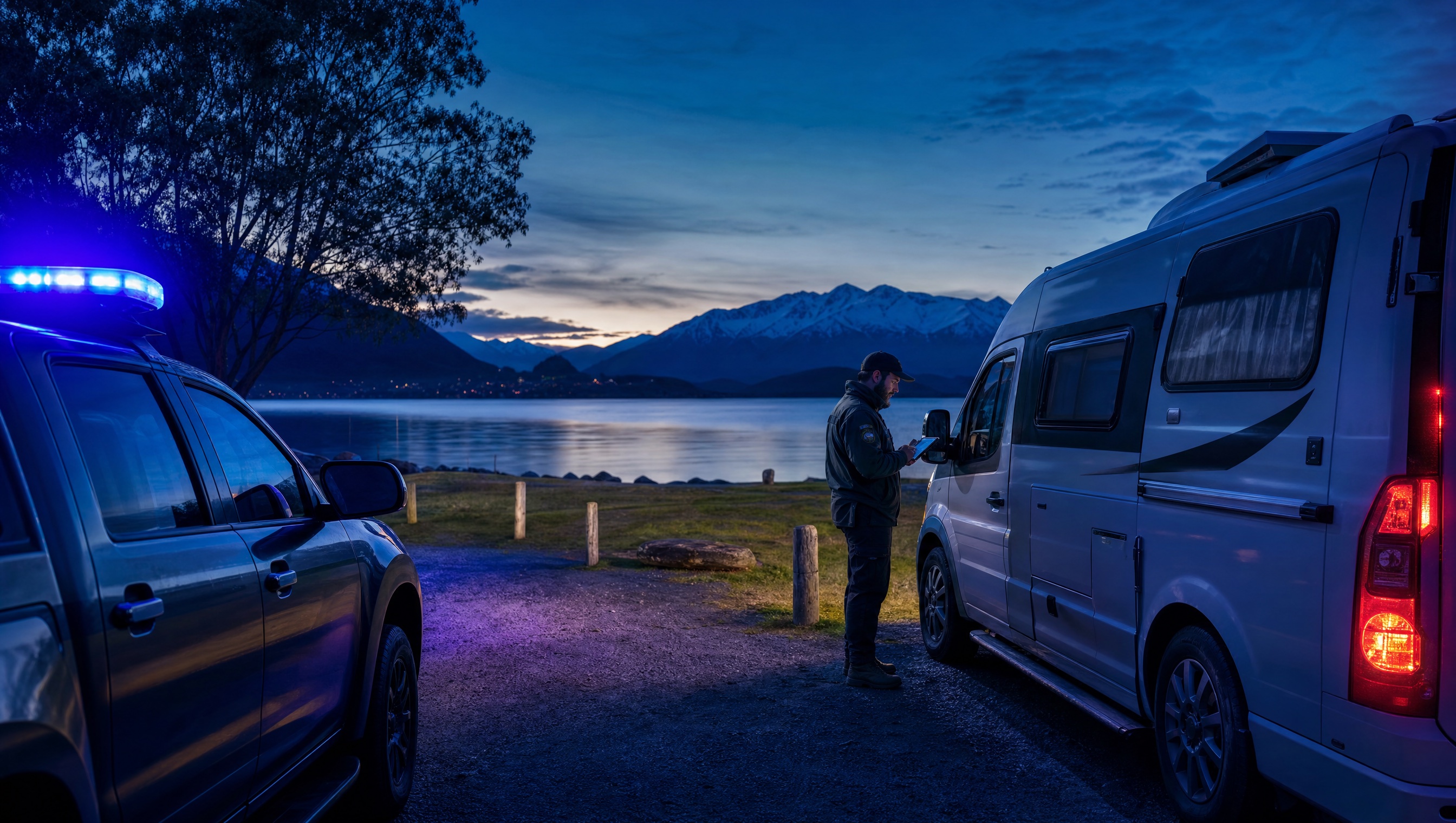 New Zealand lakeside reserve with campervan, ranger patrol vehicle and blue purple mountain light