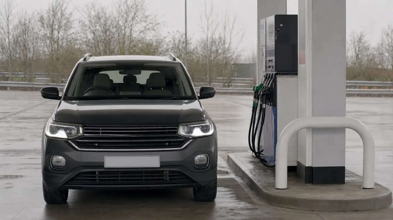 Vehicle at a service station fuel pump with unreadable plate for a fuel drive-off evidence example