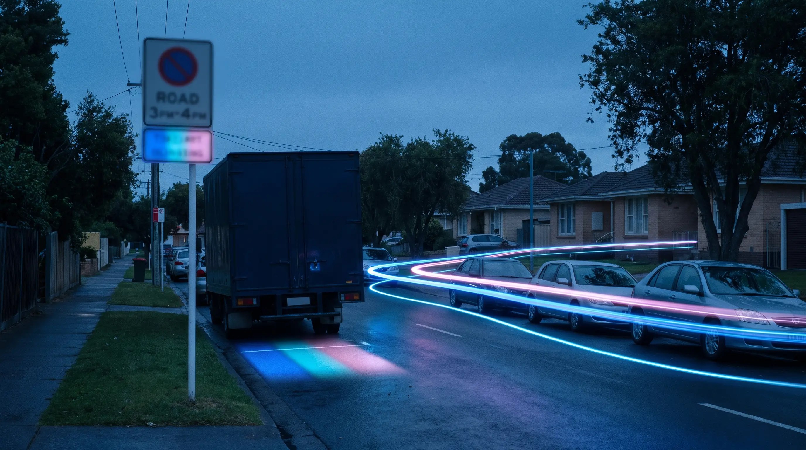 Residential street restriction scene with heavy vehicle class and time-window overlays