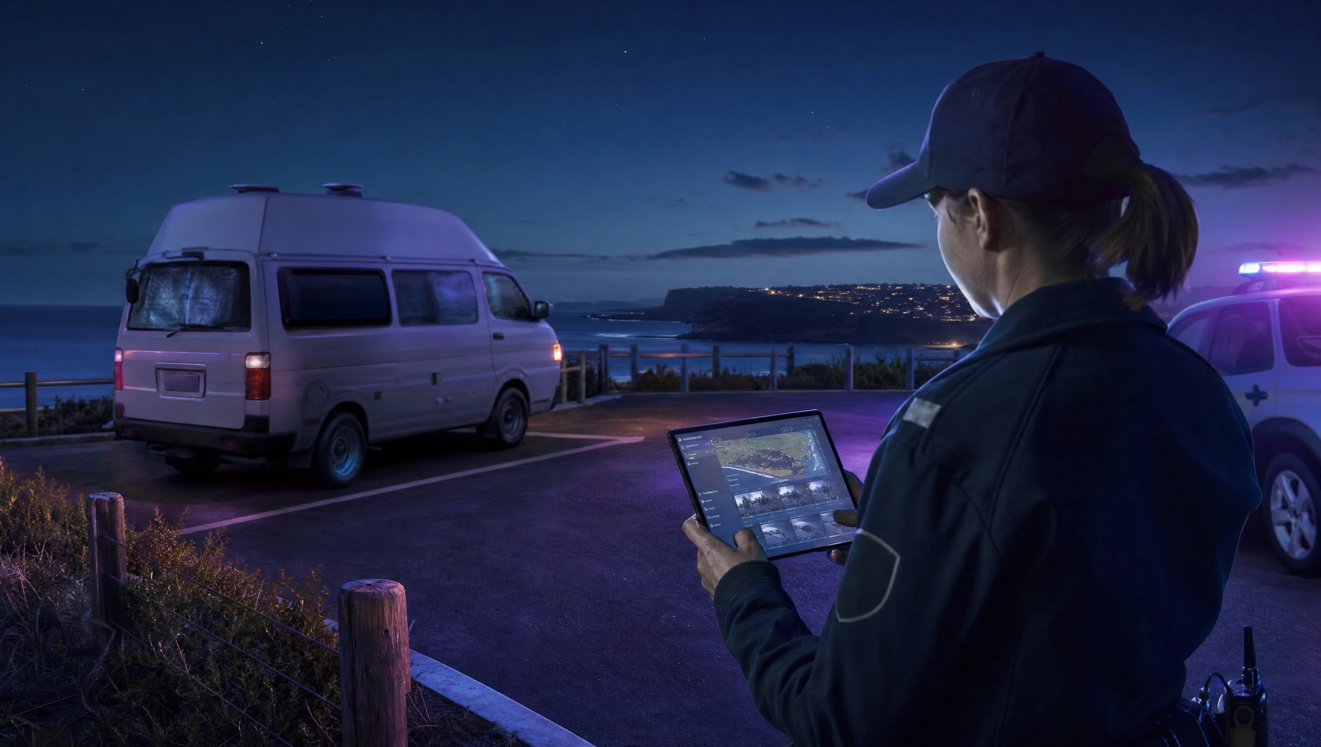 Blue and purple night scene of a ranger patrol reviewing a campervan in a coastal reserve car park