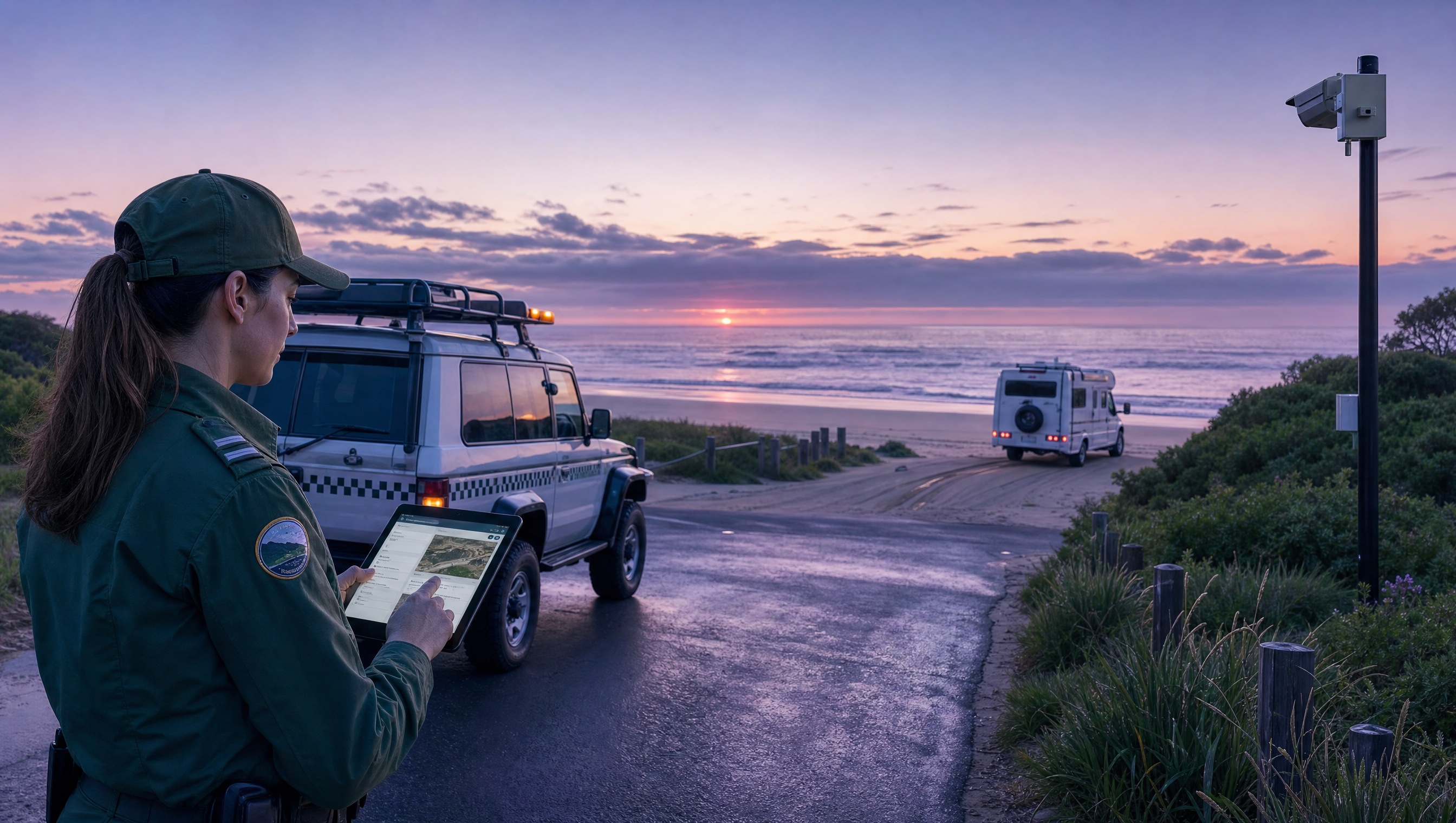 Dawn coastal reserve compliance scene with ranger vehicle, campervan activity and tablet evidence capture