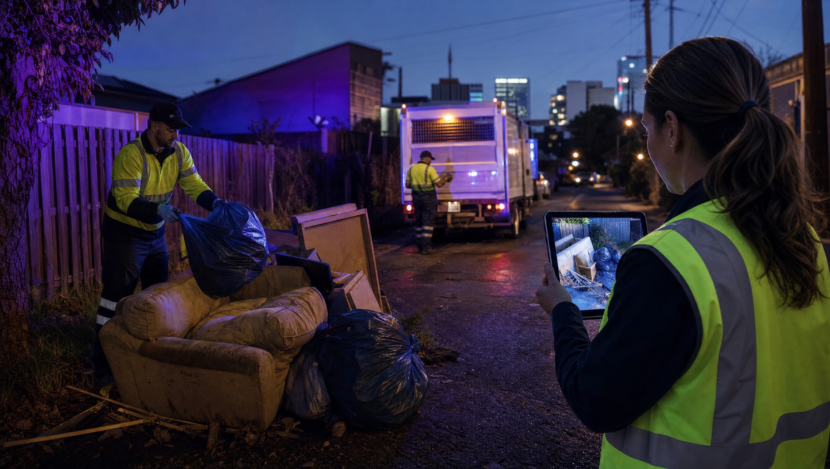 Council cleanup crew and compliance officer capturing illegal dumping evidence on a tablet