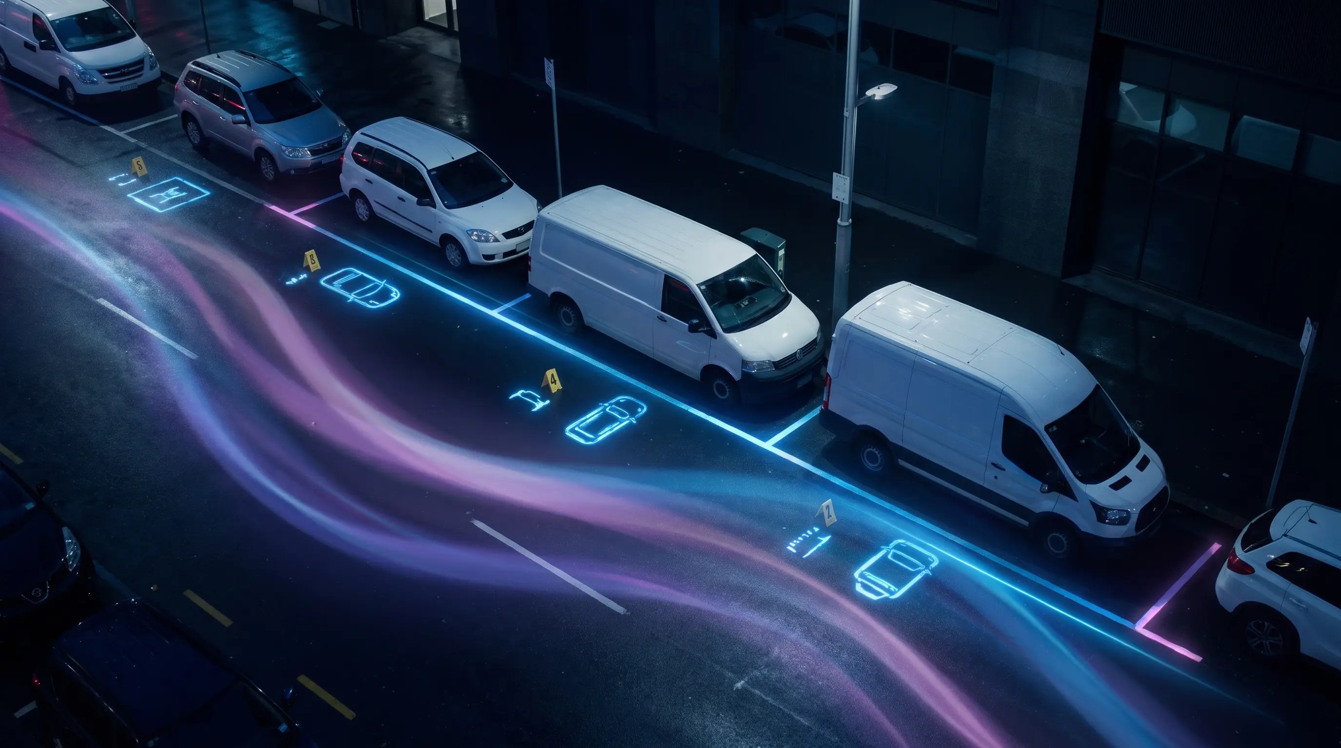 Kerbside loading-zone compliance scene with delivery window and vehicle-class overlays
