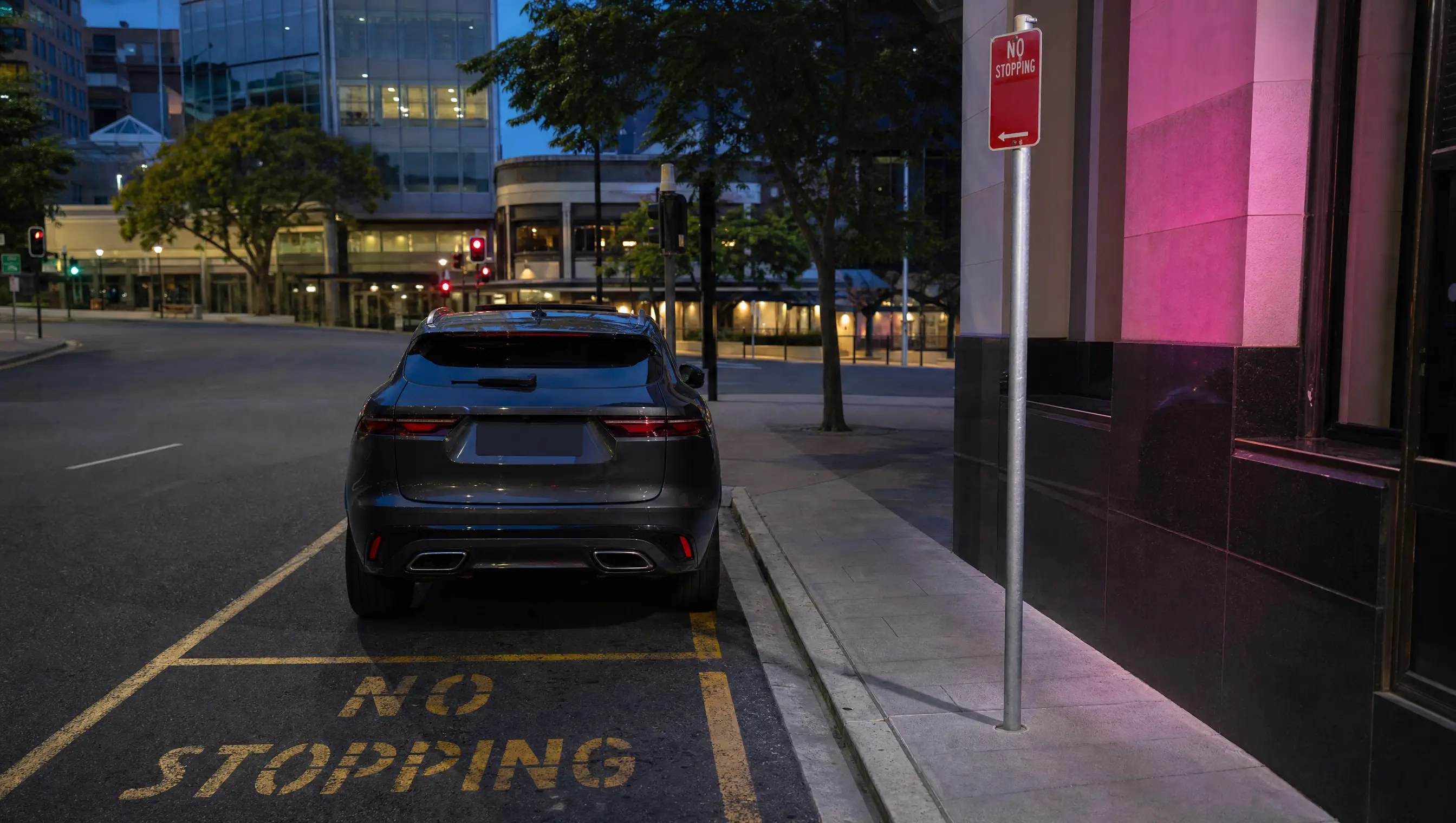 Kerbside no-stopping zone context with a vehicle, sign pole and street frontage