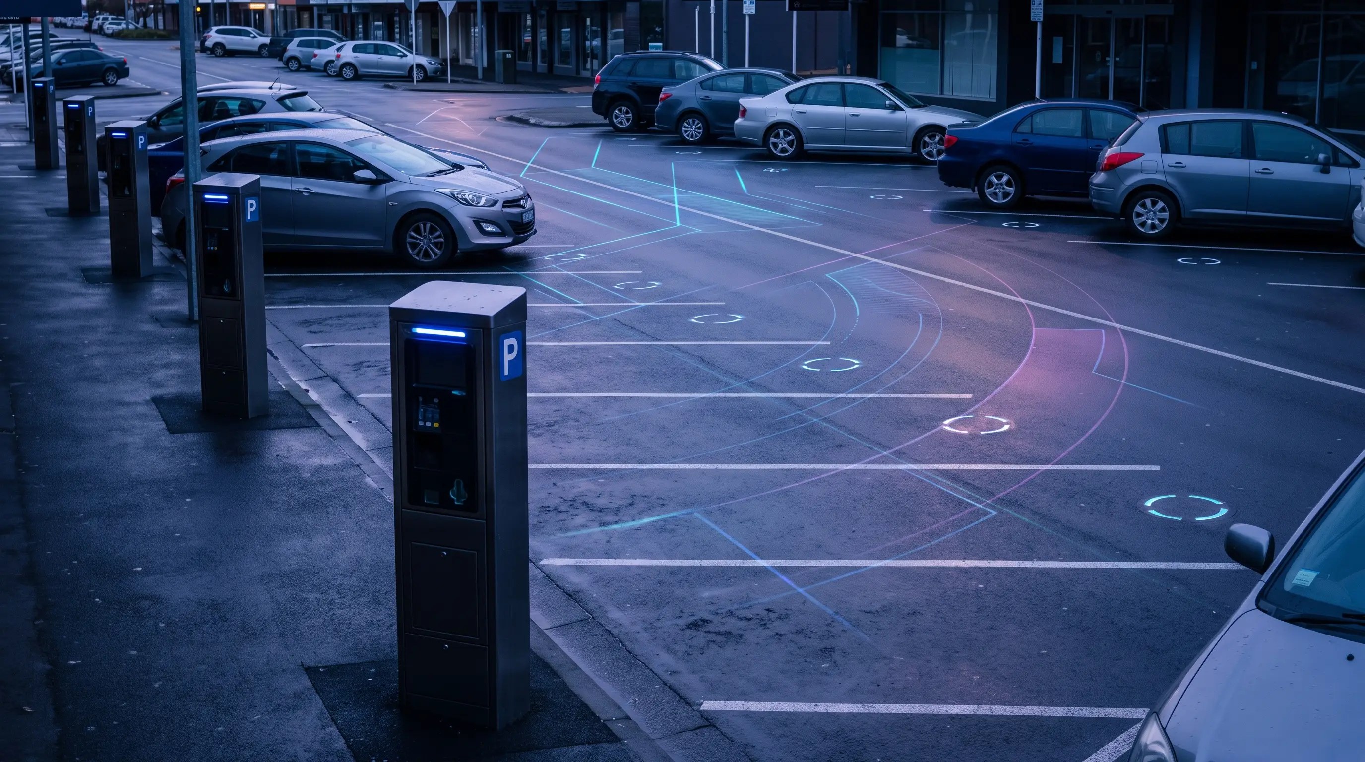 Timed parking bays with dwell-time overlays in blue and purple lighting