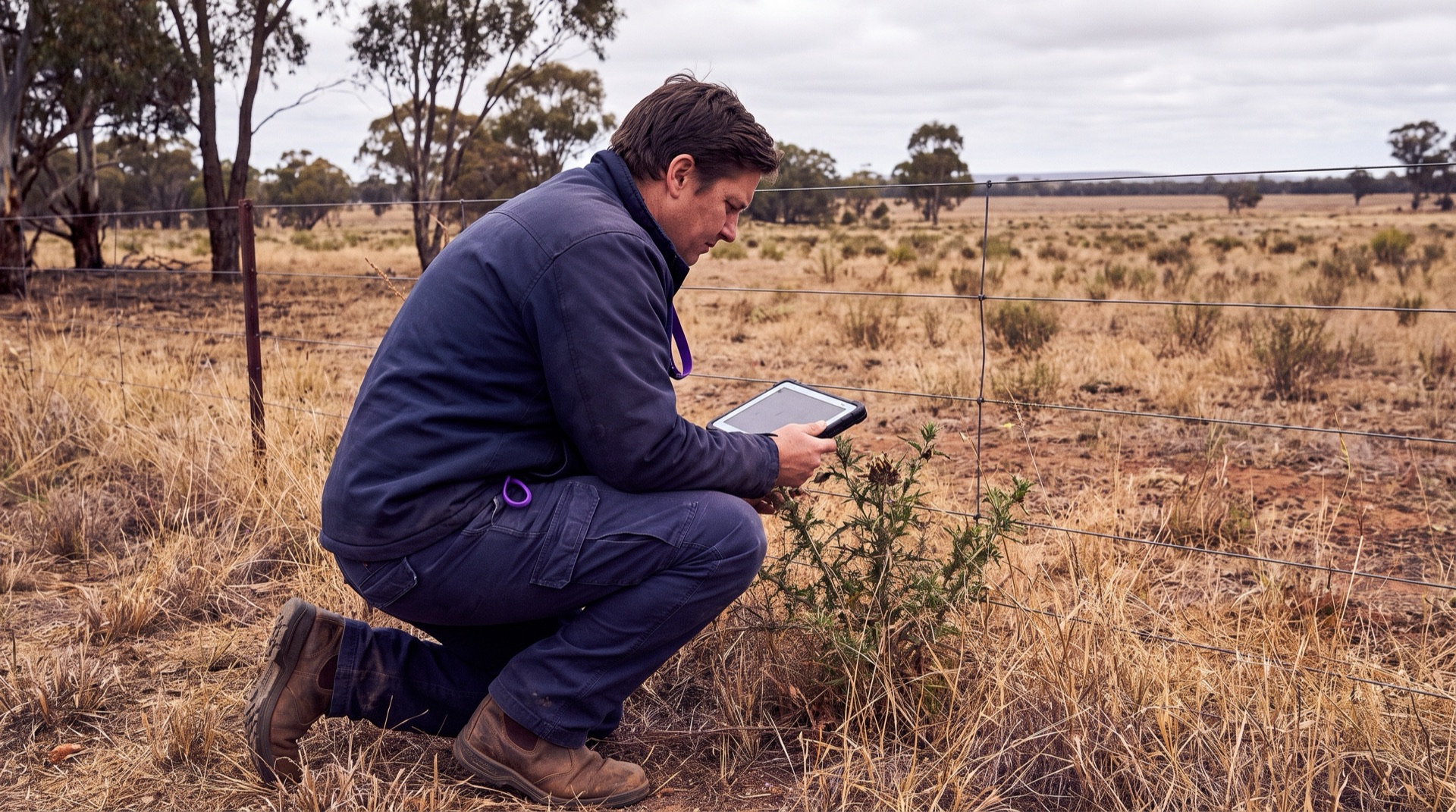 Biosecurity field officer recording a vegetation observation on a generic rural property