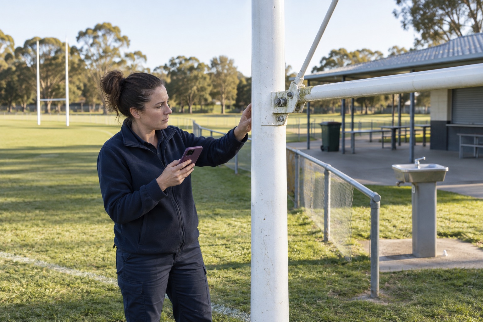 Field officer recording an equipment and public-facility observation at a community reserve