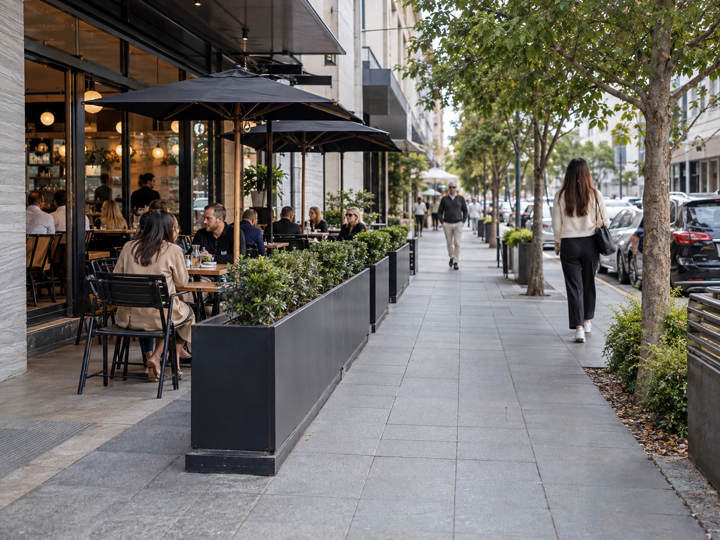 Outdoor dining area arranged beside a council-managed pedestrian footpath