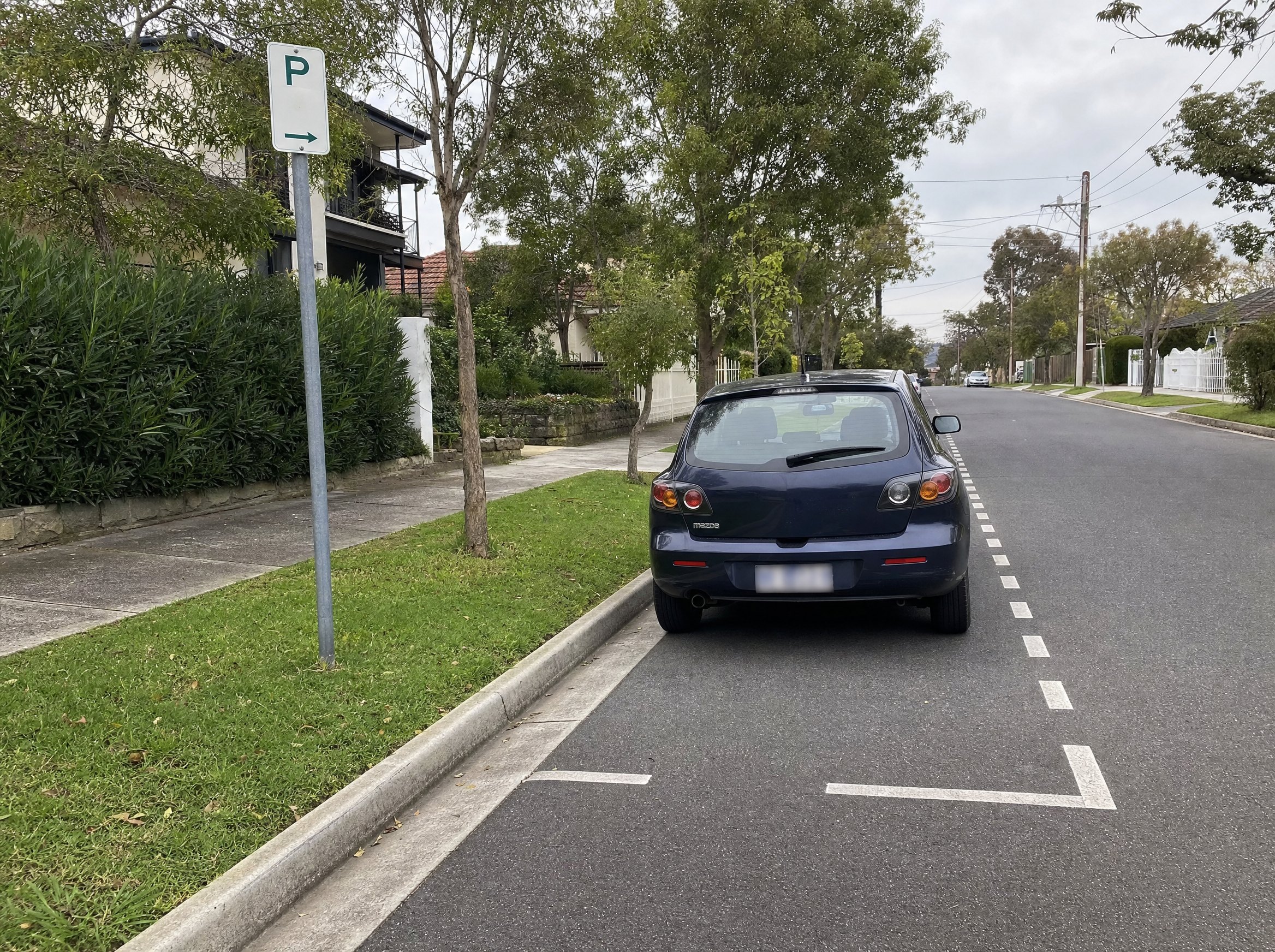 Parked vehicle in a resident permit parking area with street and sign context